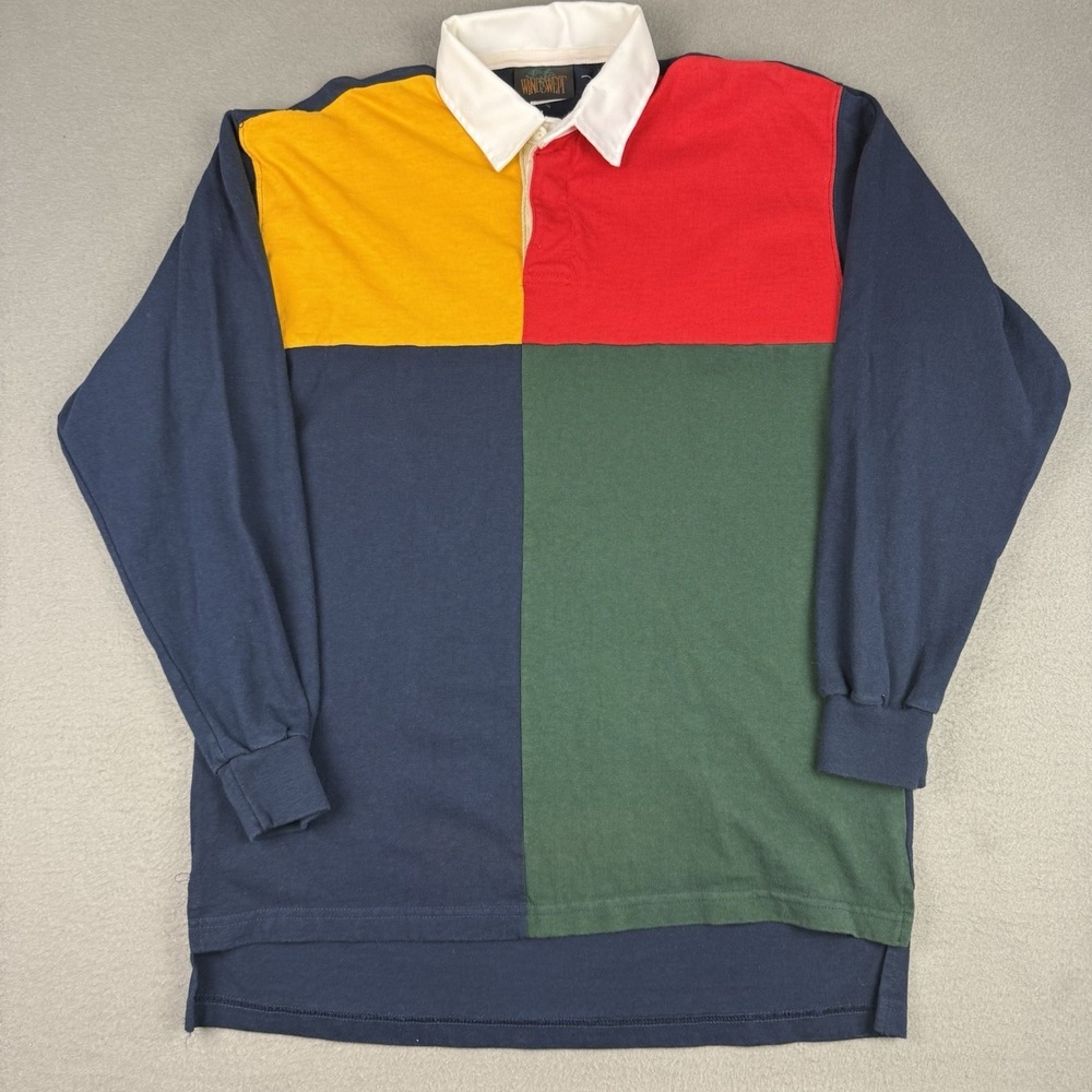 90s Vintage Windswept Mens M Color Block Polo Shirt Rugby Shirt ~ long sleeves